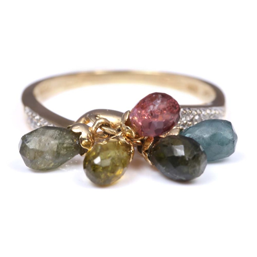 14K Yellow Gold Multicolor Tourmaline and Diamond Ring