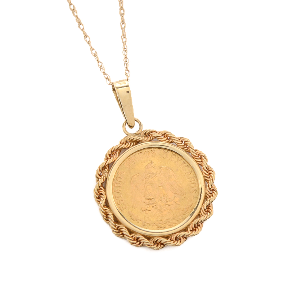 14K Yellow Gold 1945 Two Peso Mexican Gold Coin Pendant Necklace
