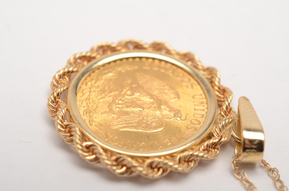14K Yellow Gold 1945 Two Peso Mexican Gold Coin Pendant Necklace