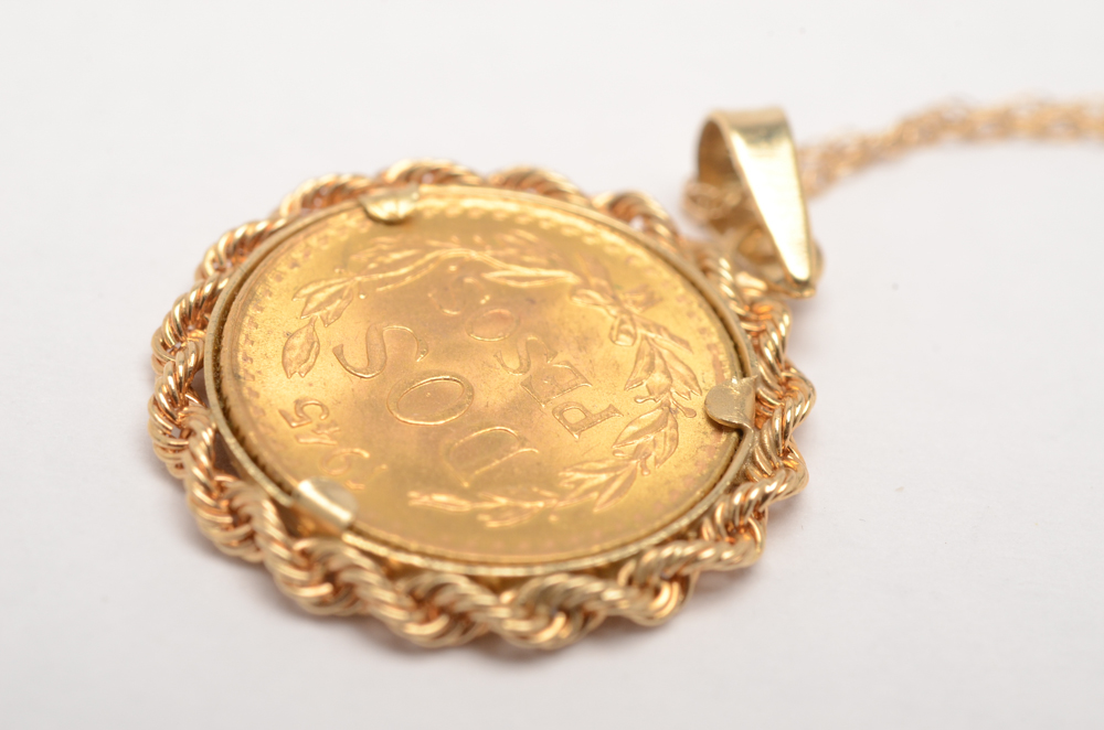 14K Yellow Gold 1945 Two Peso Mexican Gold Coin Pendant Necklace