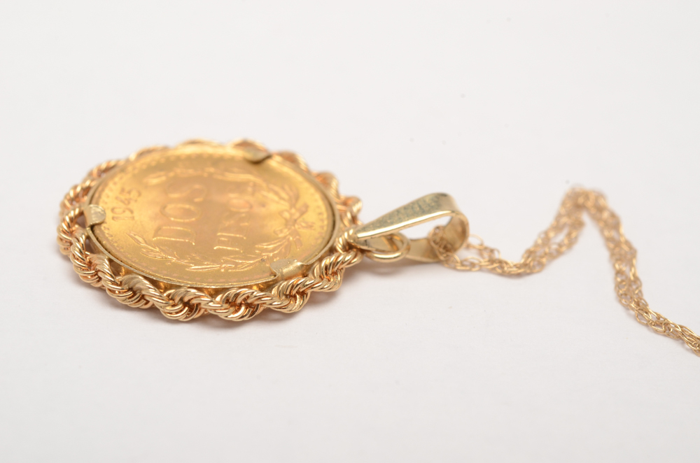 14K Yellow Gold 1945 Two Peso Mexican Gold Coin Pendant Necklace