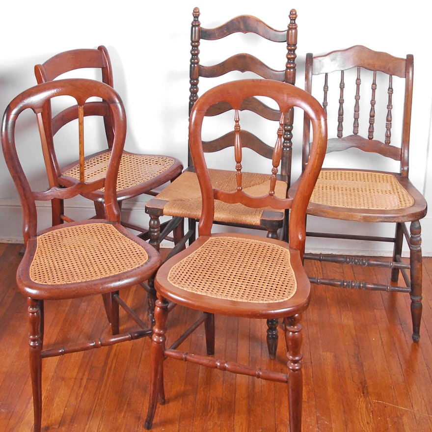 Five Vintage Cane and Rush Seat Chairs