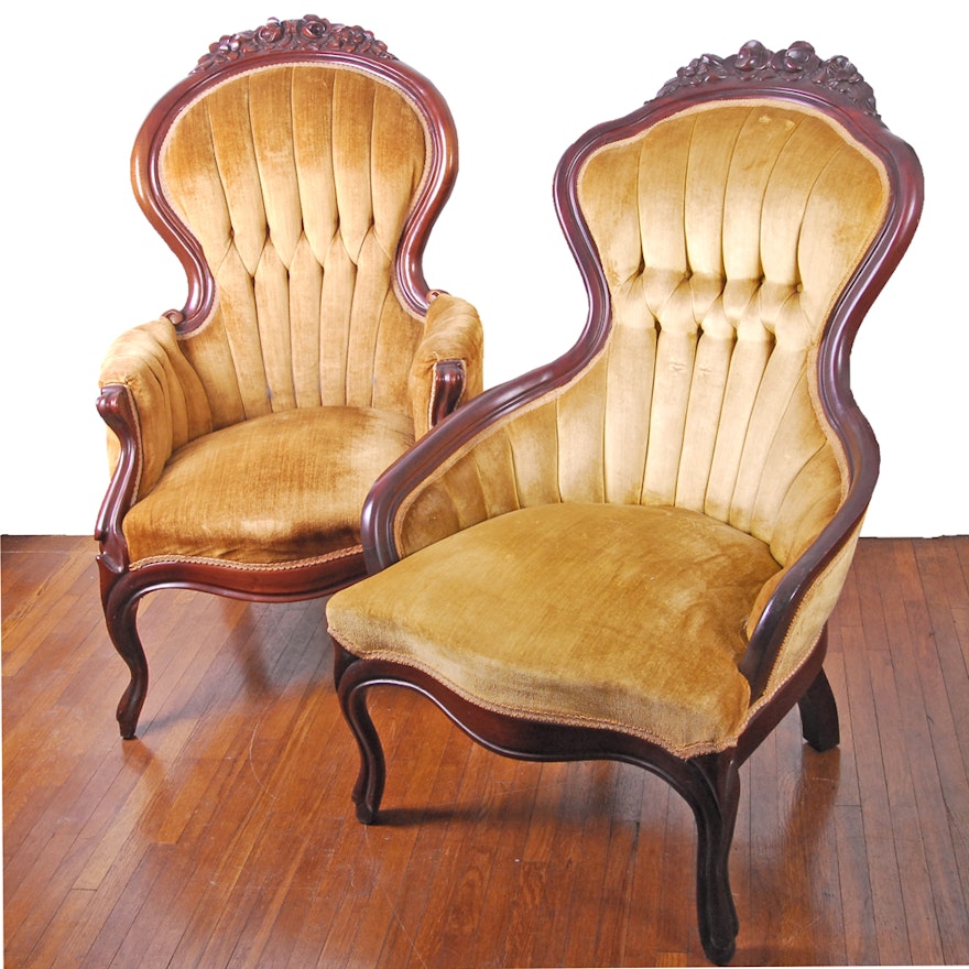 Vintage Victorian Style Upholstered Armchairs by Kimball Furniture