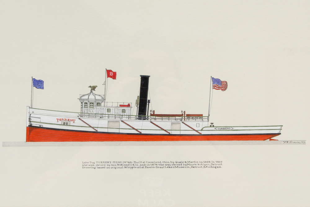 Frank R. Crevier Ink and Watercolor of "Lake Tug Torrent"