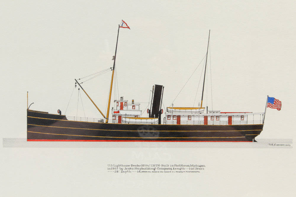 Frank R. Crevier Ink and Watercolor of the "U.S. Lighthouse Tender Hyacinth"