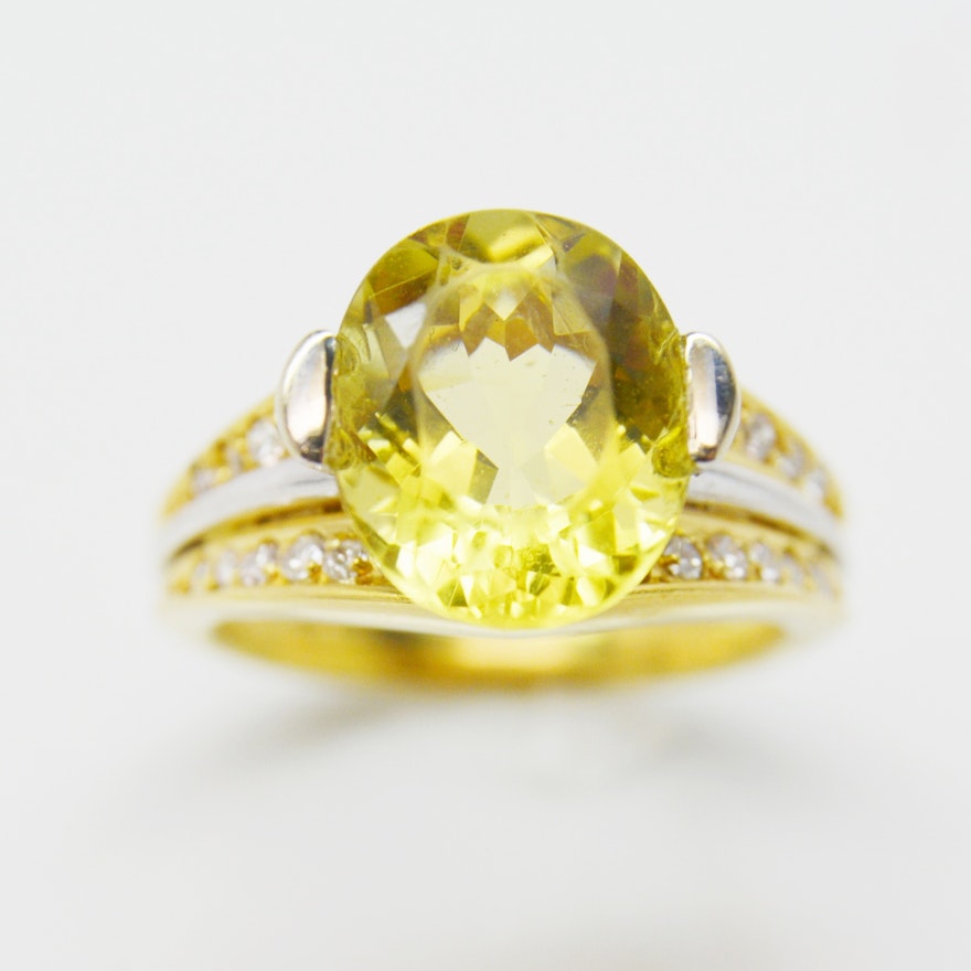 18K Yellow Gold Lemon Citrine and Diamond Ring