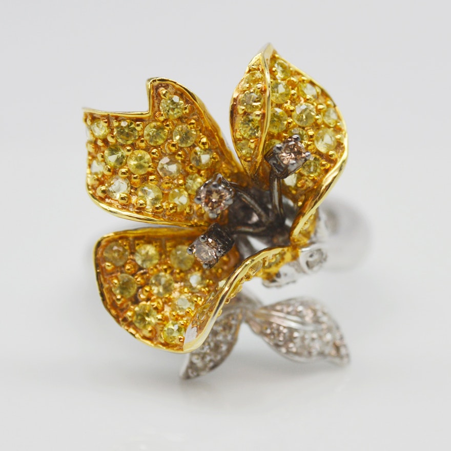 14K White Gold Yellow Sapphire and Diamond Floral Ring
