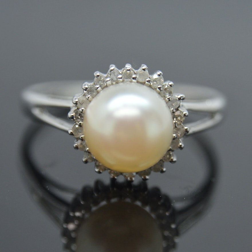 14K White Gold Cultured Pearl and Diamond Ring