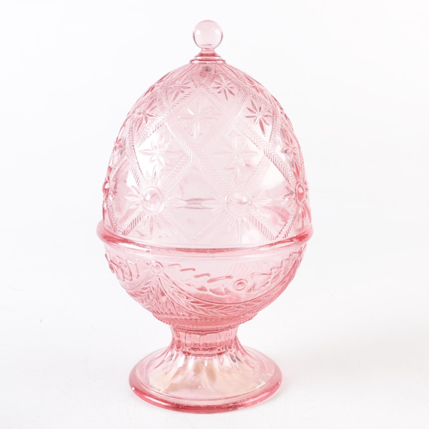 Pink Depression Glass Egg Shaped Covered Candy Dish