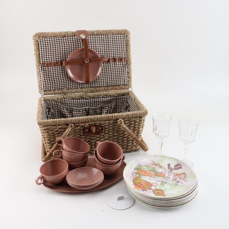 Picnic Basket with Wine Glasses and Dinnerware