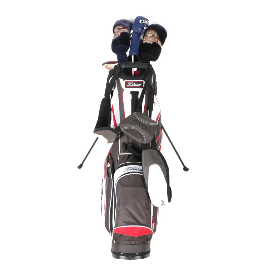 Titleist Golf Bag with Various Golf Clubs