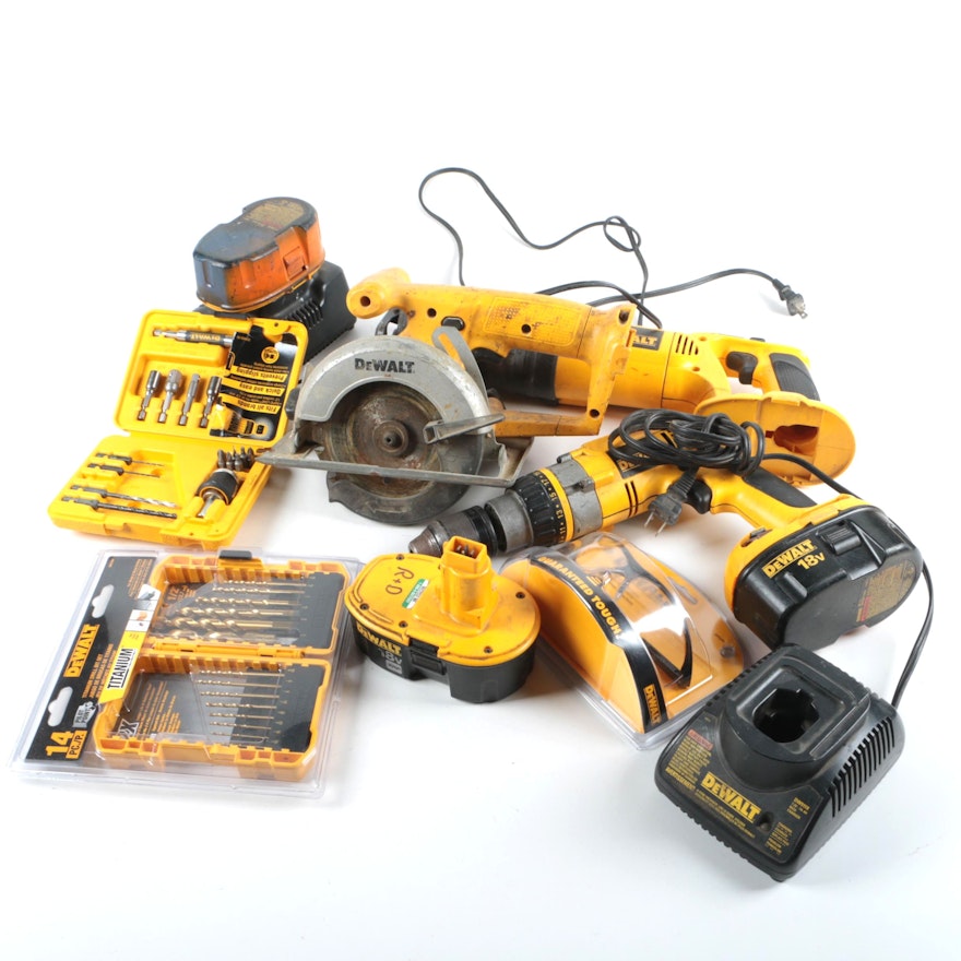 DeWalt Cordless Tools Including Circular Saw, Reciprocating Saw, and Drill