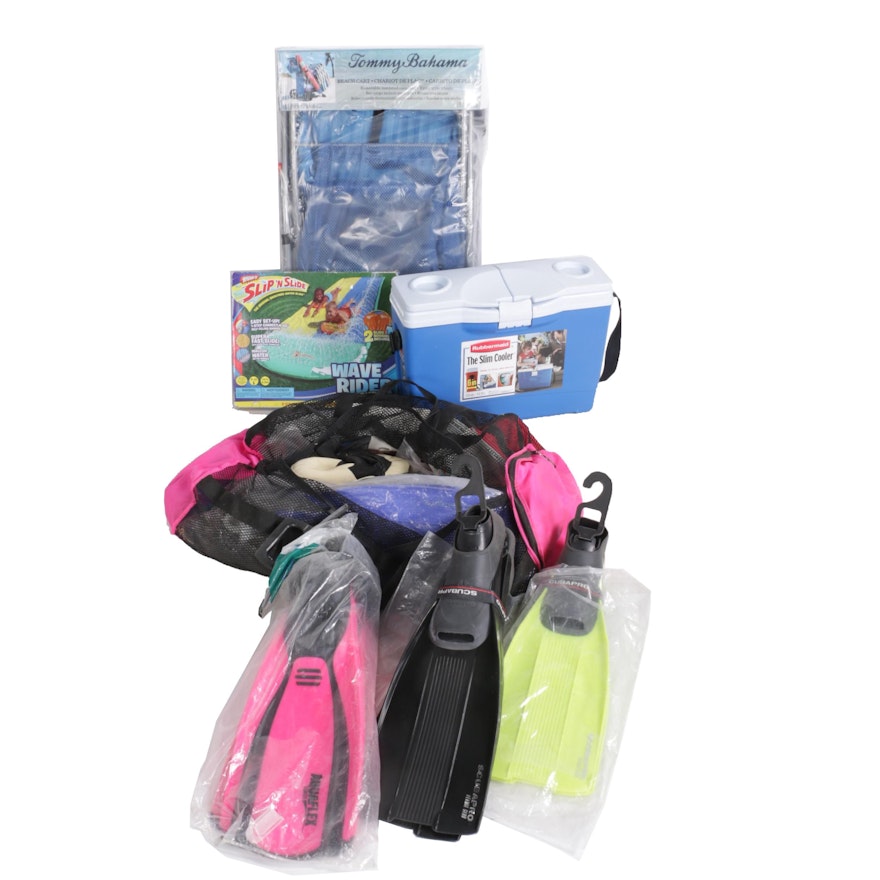 Assortment of Beach Items Including Foot Fins, Cooler, Beach Cart and More
