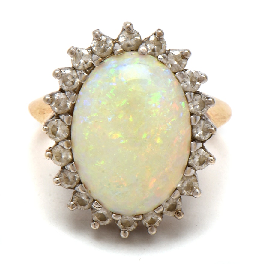 14K Yellow Gold Opal and Diamond Cocktail Ring