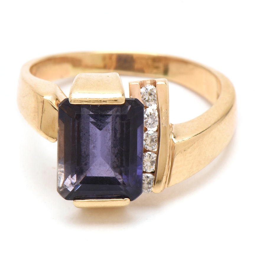 14K Yellow Gold Iolite and Diamond Ring