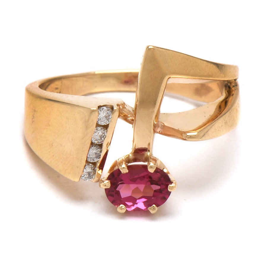 Modernist 14K Yellow Gold Rubellite and Diamond Ring