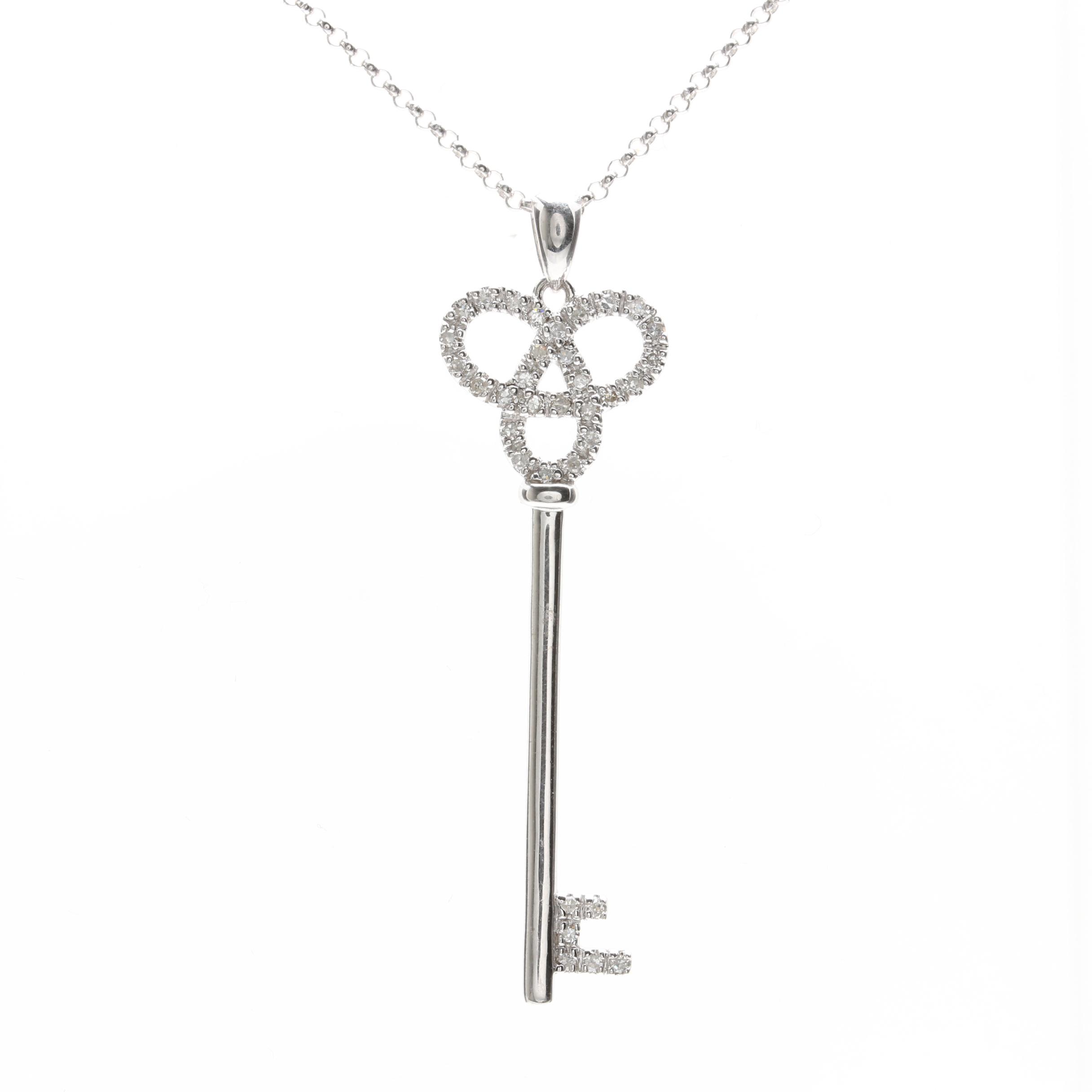 14K White Gold Diamond Key Pendant Necklace