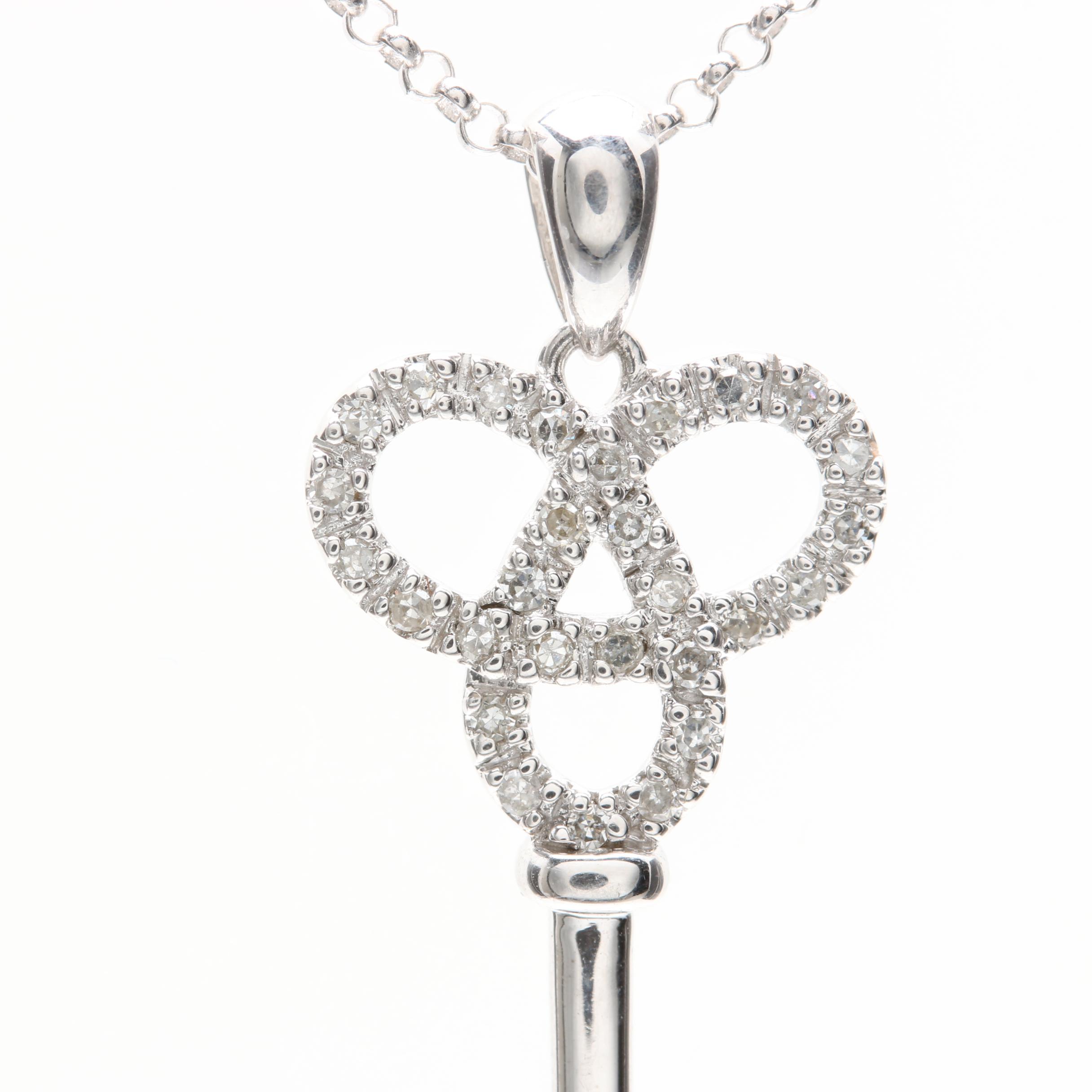 14K White Gold Diamond Key Pendant Necklace