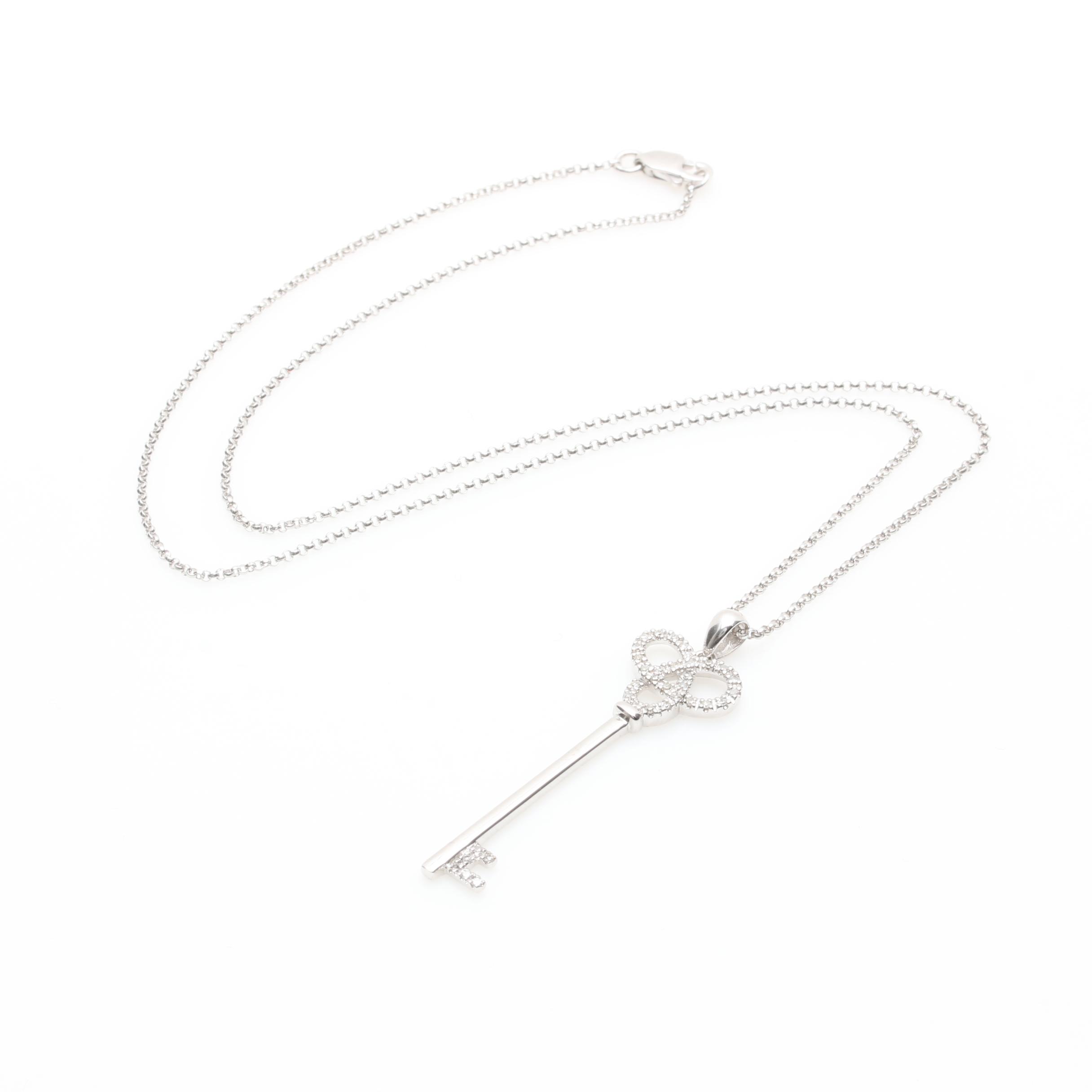 14K White Gold Diamond Key Pendant Necklace