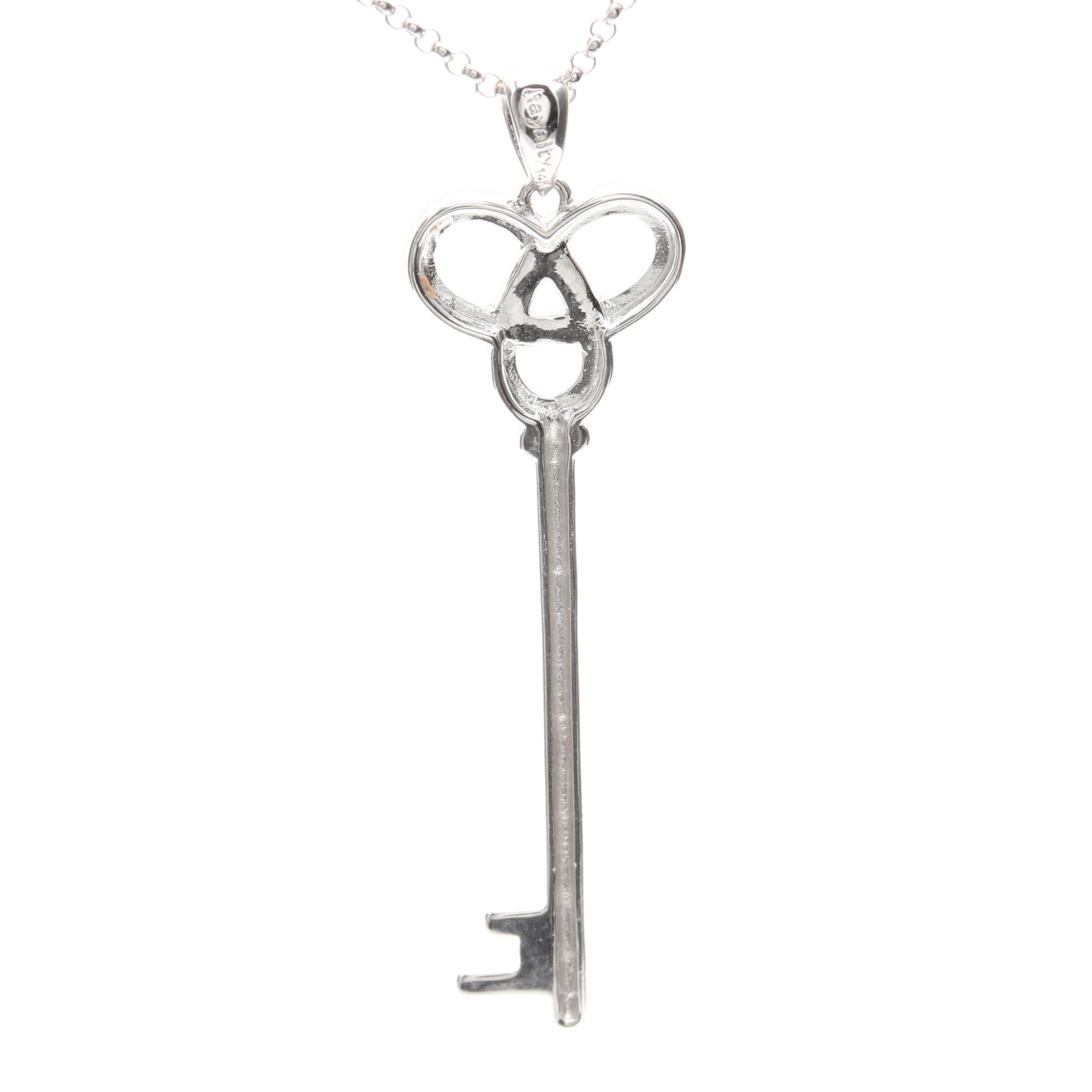 14K White Gold Diamond Key Pendant Necklace