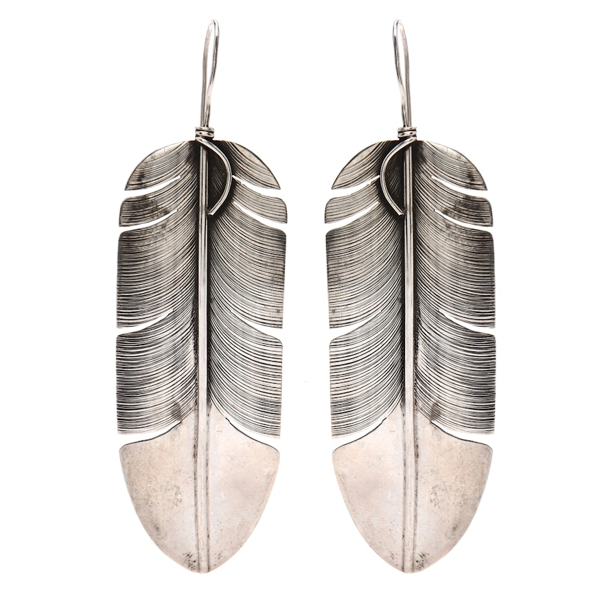 Native American Navajo Lena Platero Sterling Silver Feather Statement Earrings