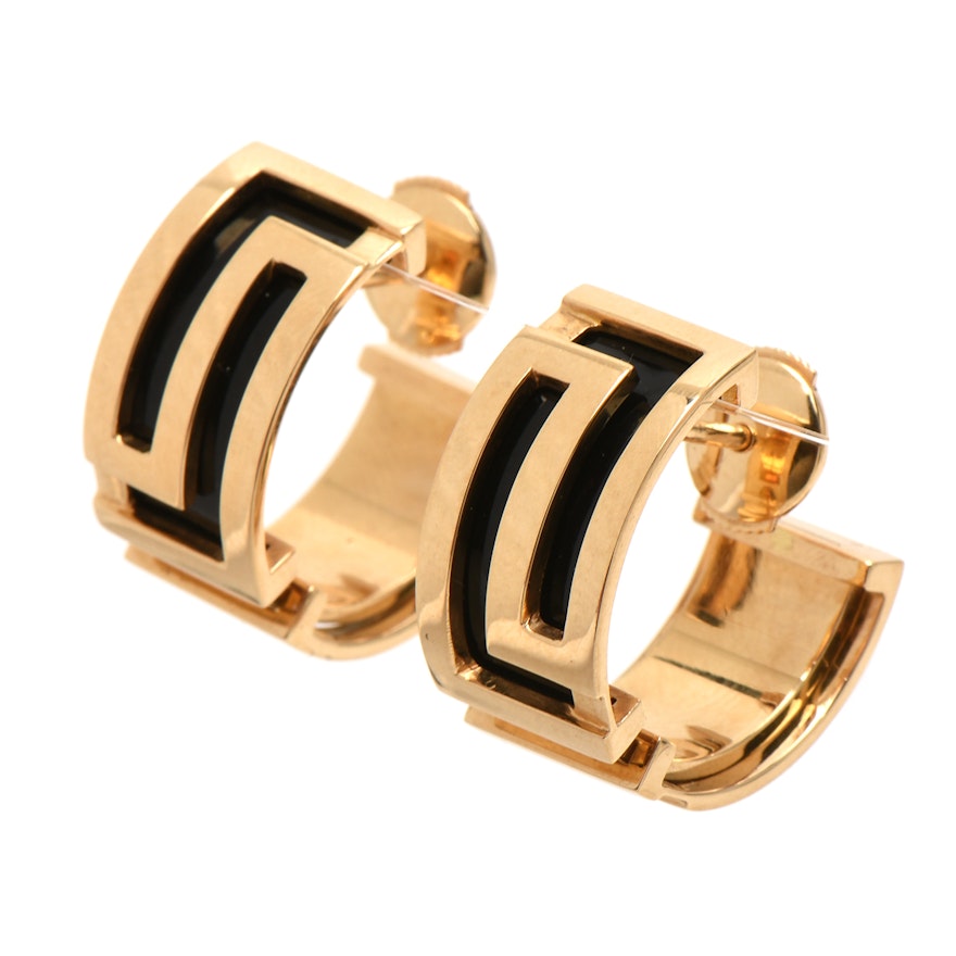 Versace 18K Yellow Gold Black Enamel Greek Key Half-Hoop Earrings
