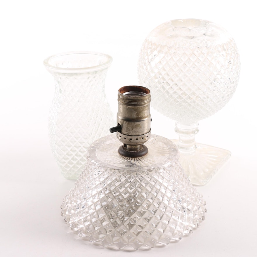 Mid Century Glass Vase, Hurricane Shade and Lamp