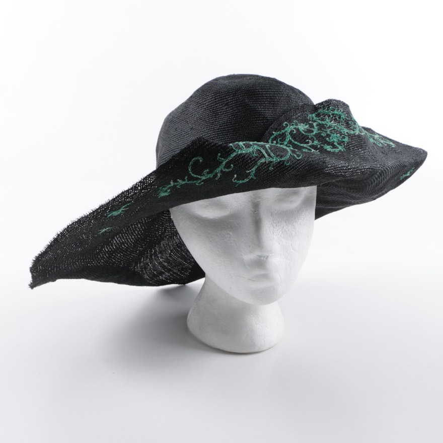 Vintage Fred Bare Black Sunhat with Embroidered Green Vines