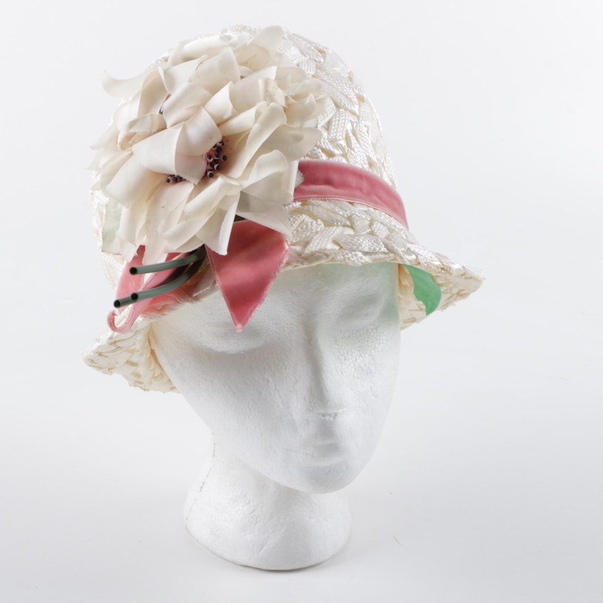 1960s Vintage Frank Olive White and Pink Floral Woven Hat