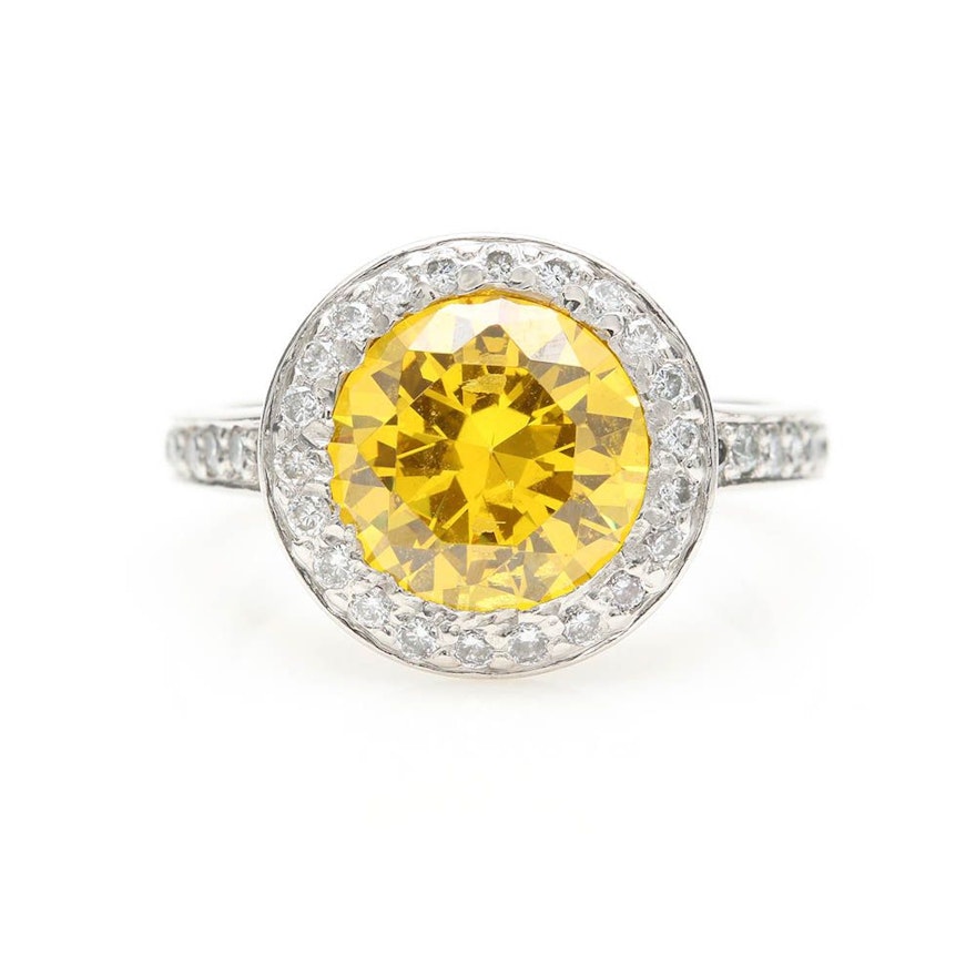 Platinum Yellow Cubic Zirconia and Diamond Ring