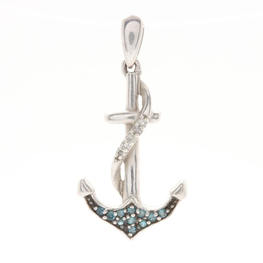 Sterling Silver Diamond and Blue Diamond Anchor Pendant