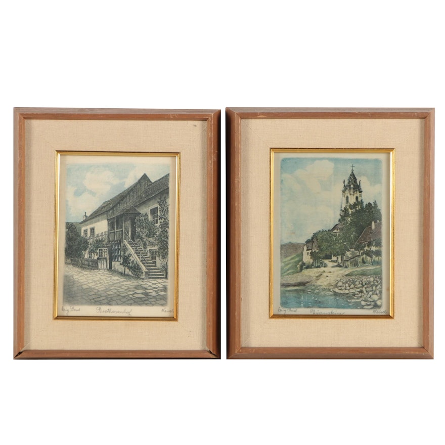 Hans Leisch Mid-Century Etchings on Silk "Beethovenhaus" and "Dürnstein"