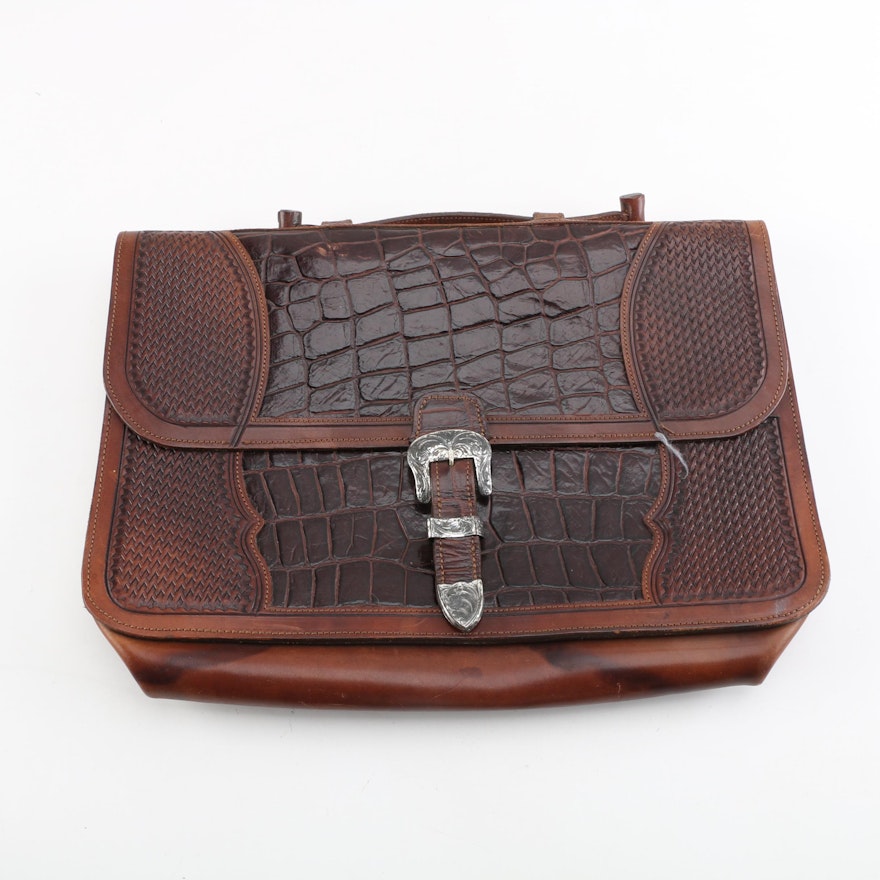 Vogt Hand Tooled Leather and Alligator Briefcase