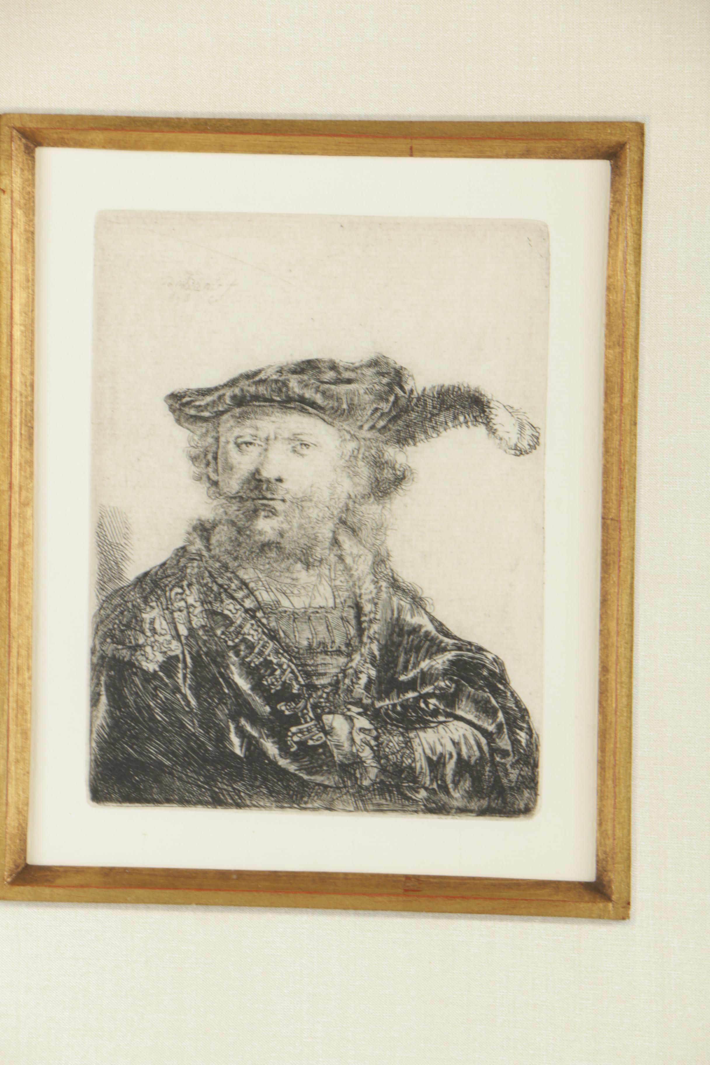 Rembrandt Restrike Etching "Self Portrait in a Velvet Cap with Plume"