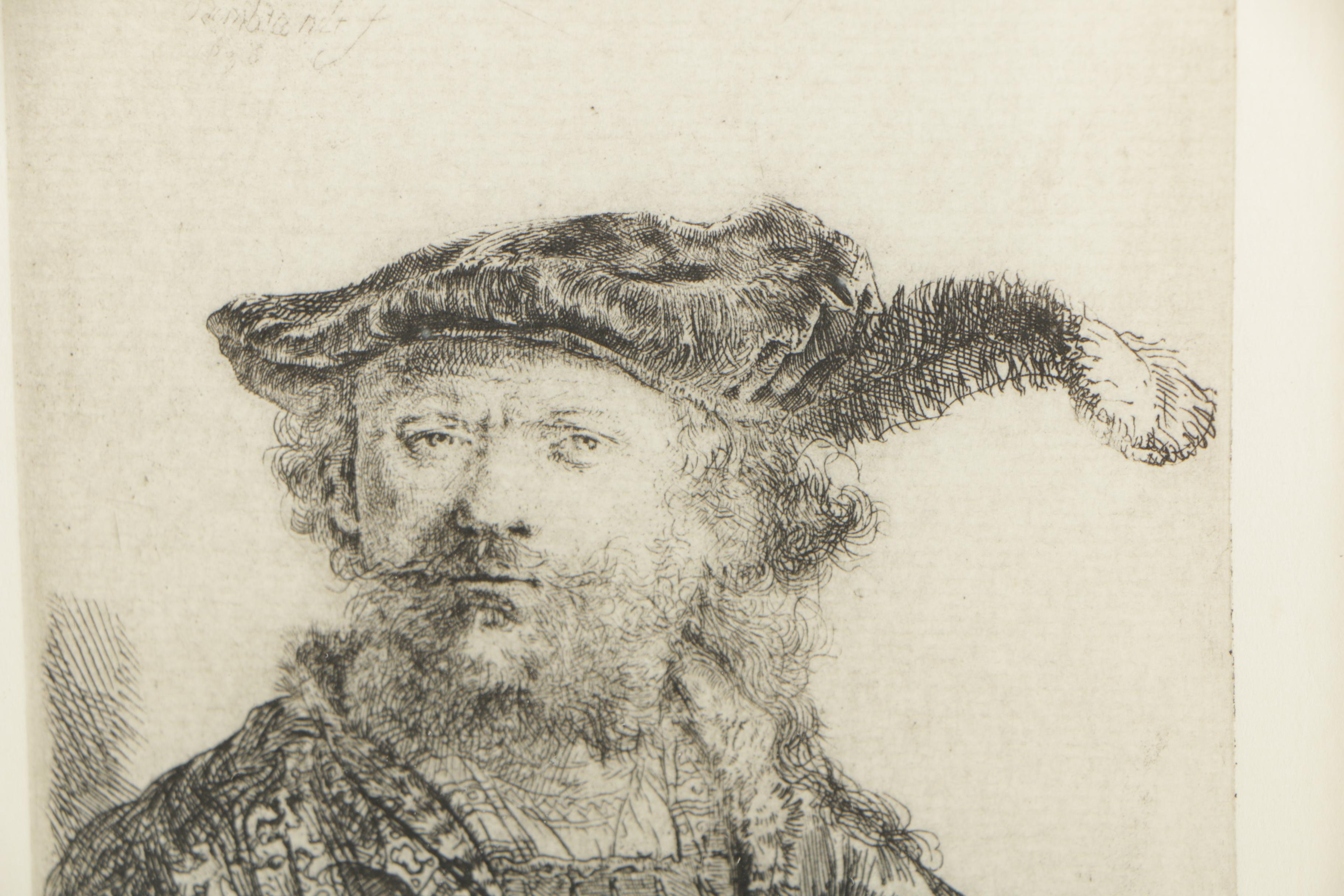 Rembrandt Restrike Etching "Self Portrait in a Velvet Cap with Plume"