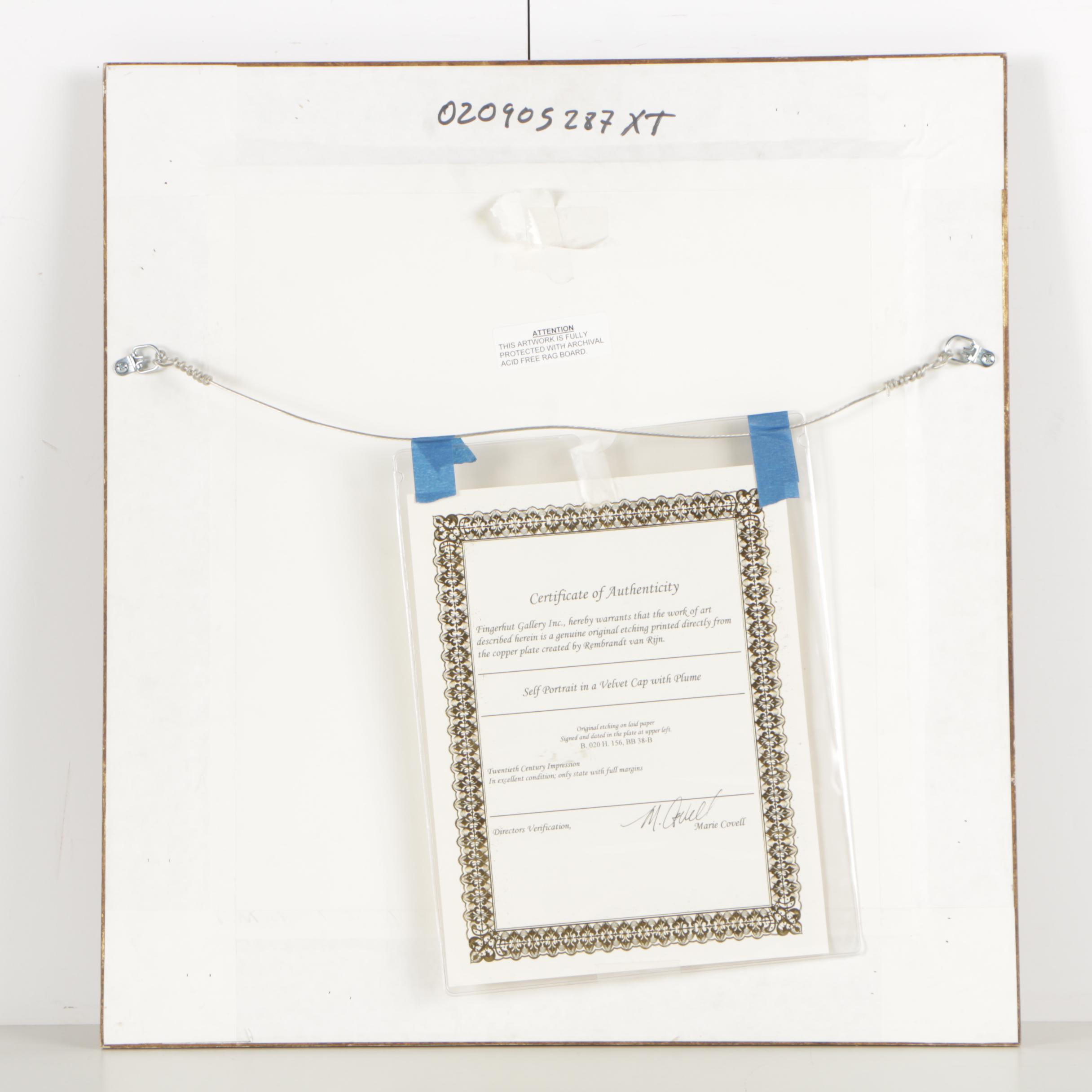 Rembrandt Restrike Etching "Self Portrait in a Velvet Cap with Plume"