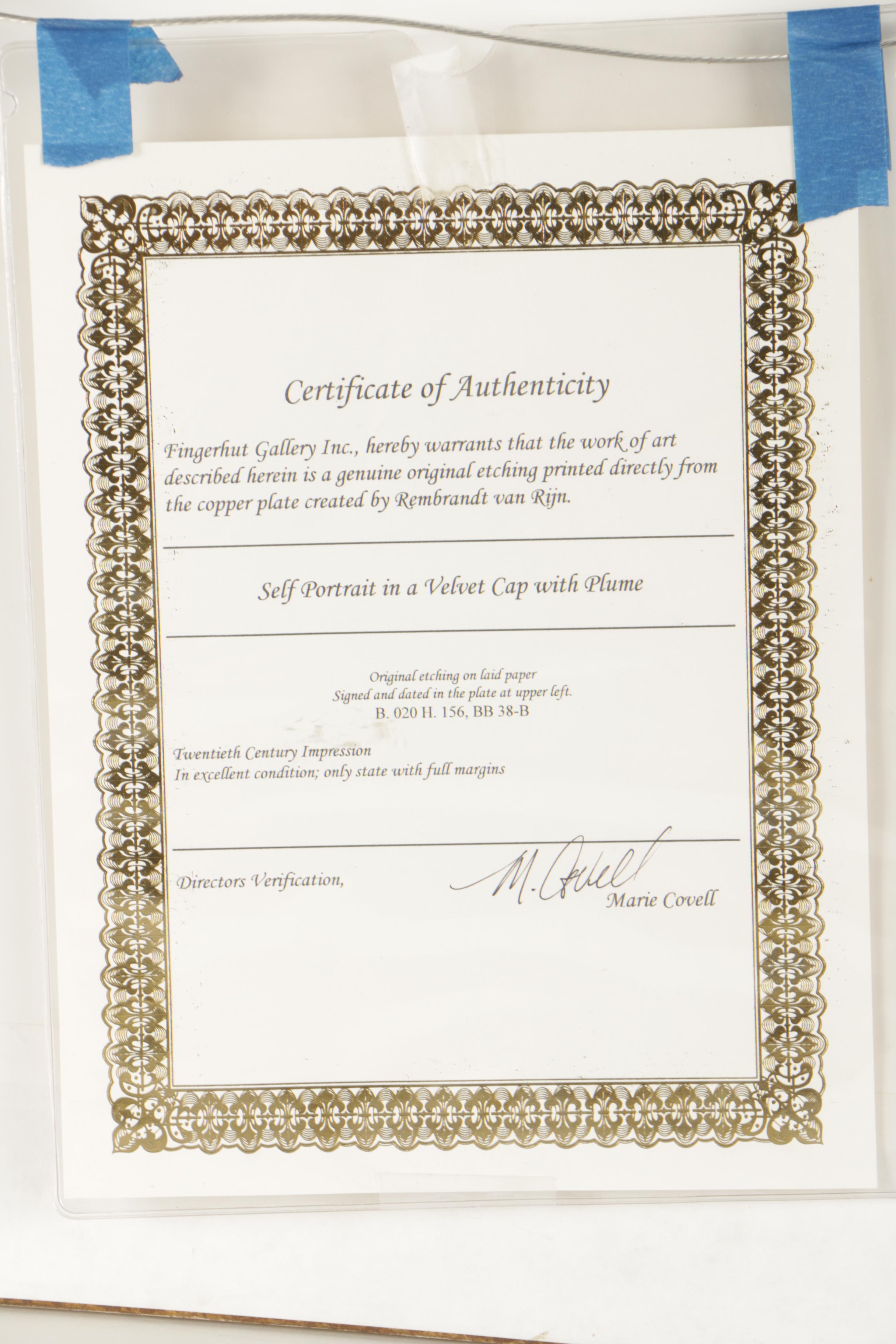 Rembrandt Restrike Etching "Self Portrait in a Velvet Cap with Plume"