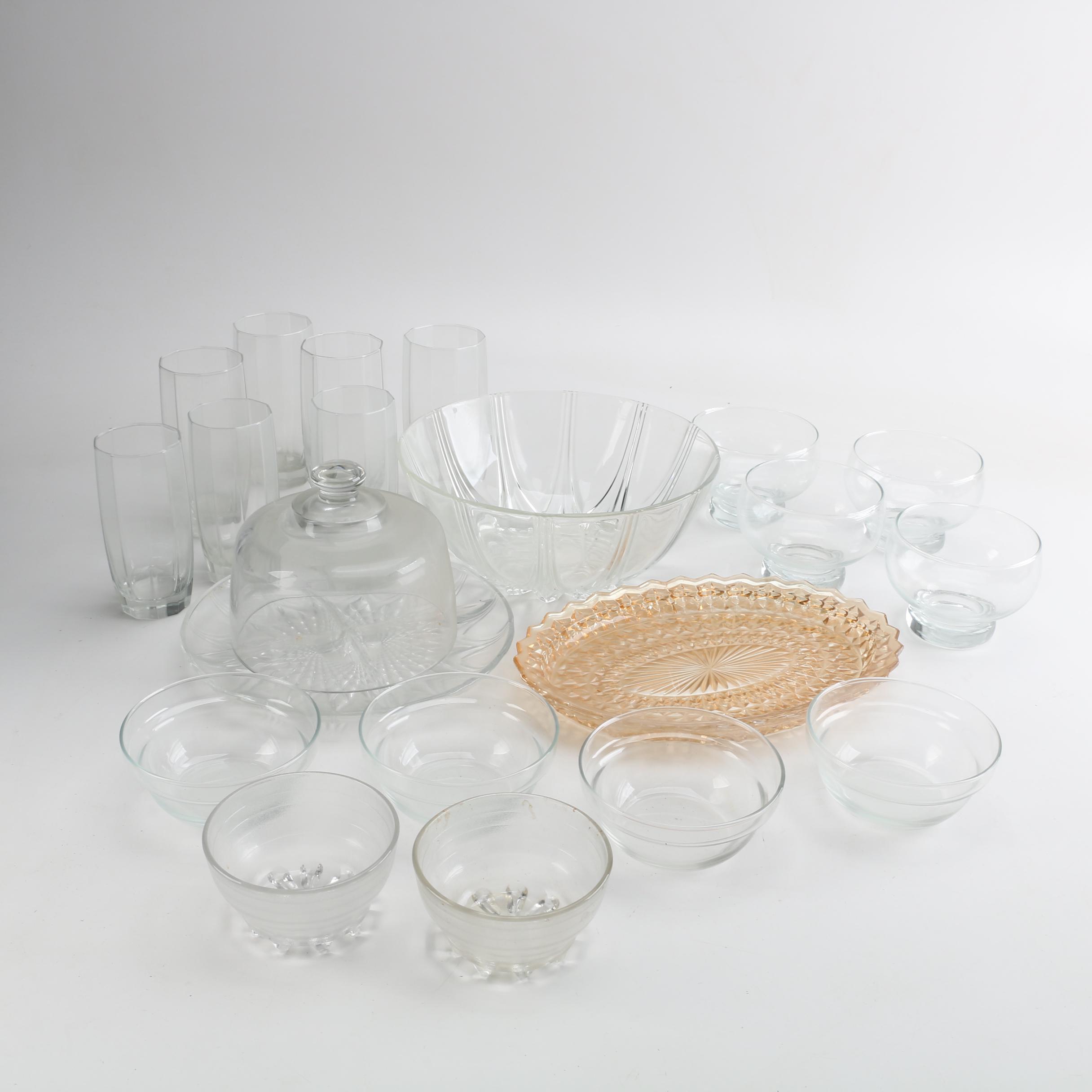 Pink Depression Glass Platter and Other Glass Serveware