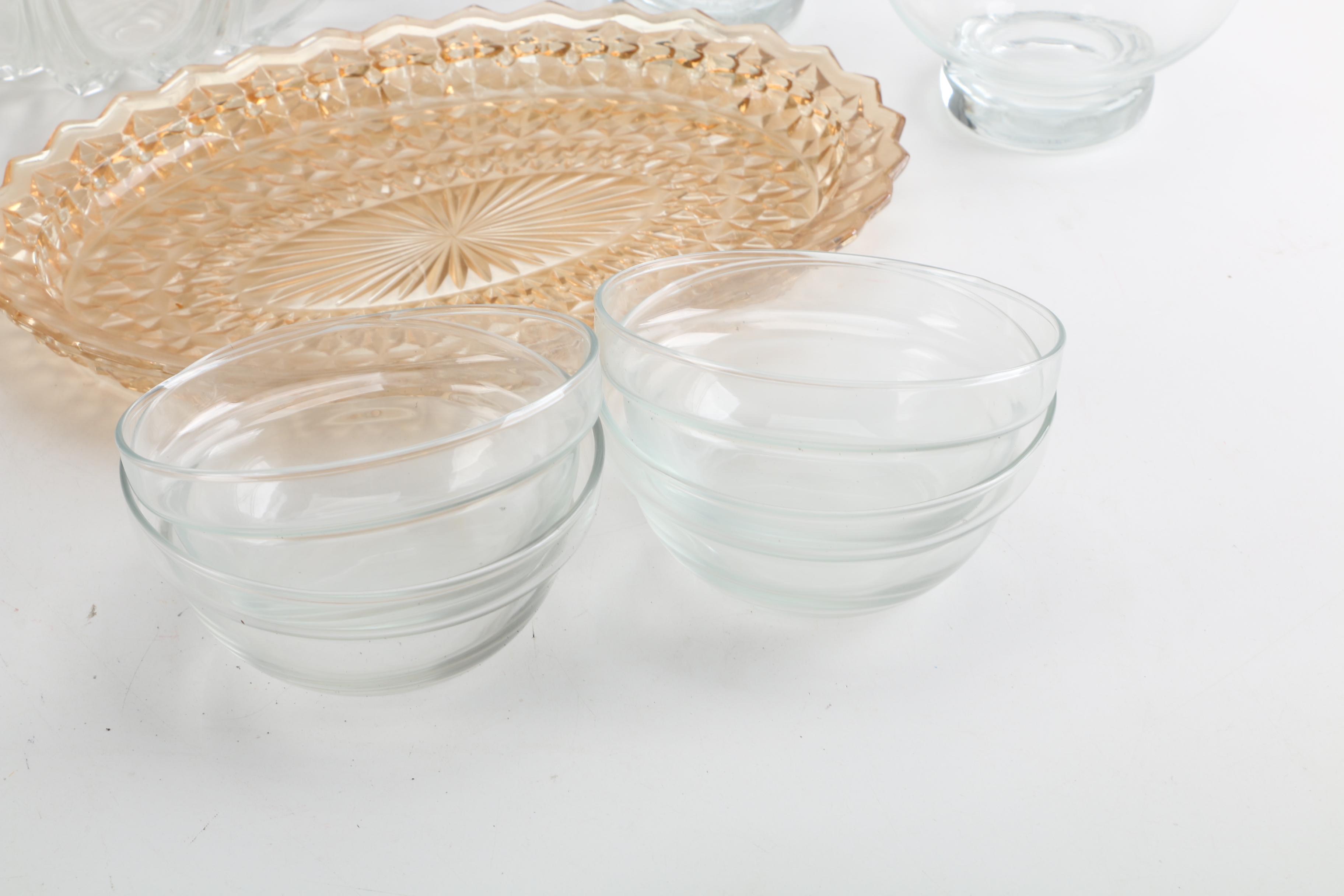 Pink Depression Glass Platter and Other Glass Serveware