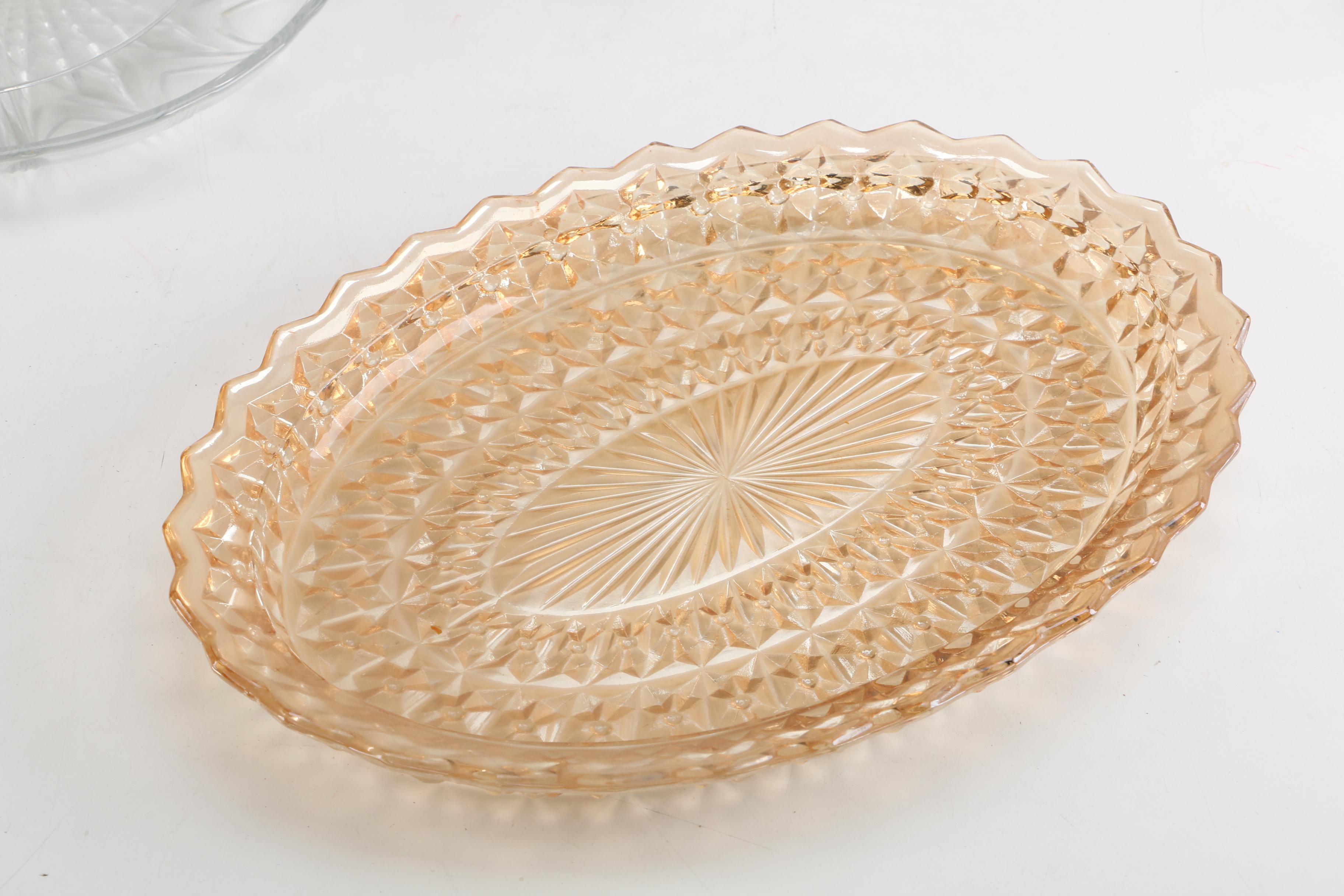 Pink Depression Glass Platter and Other Glass Serveware