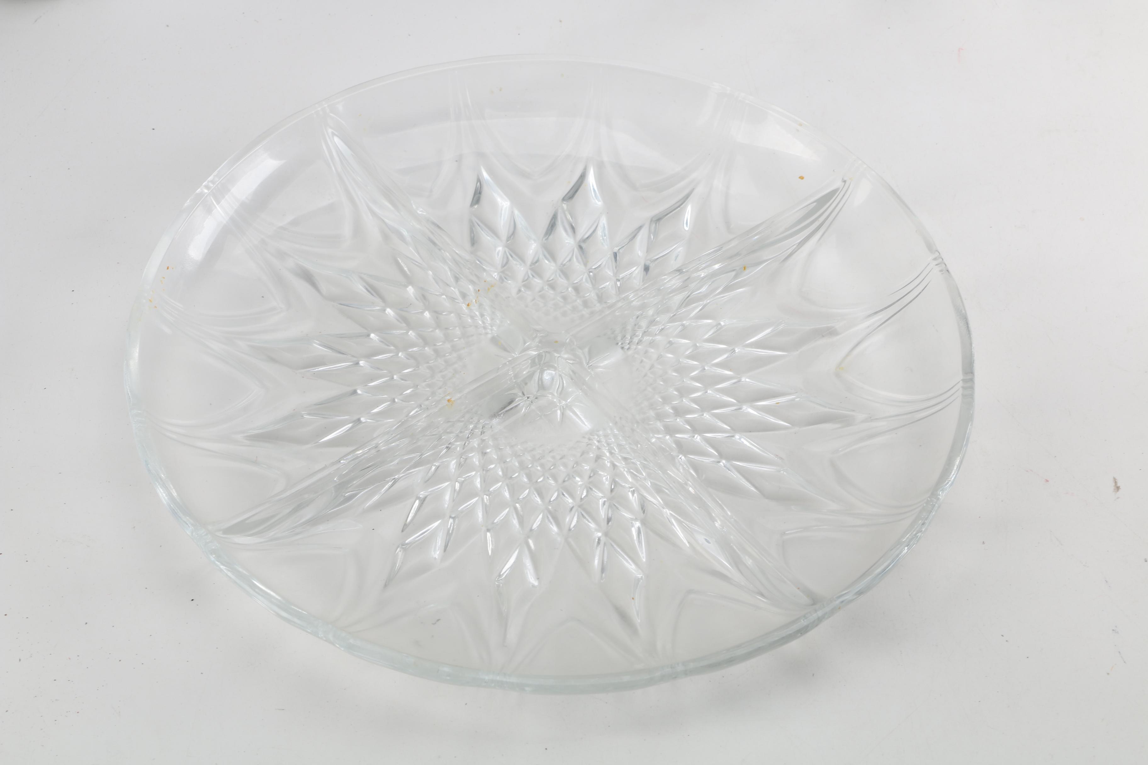 Pink Depression Glass Platter and Other Glass Serveware