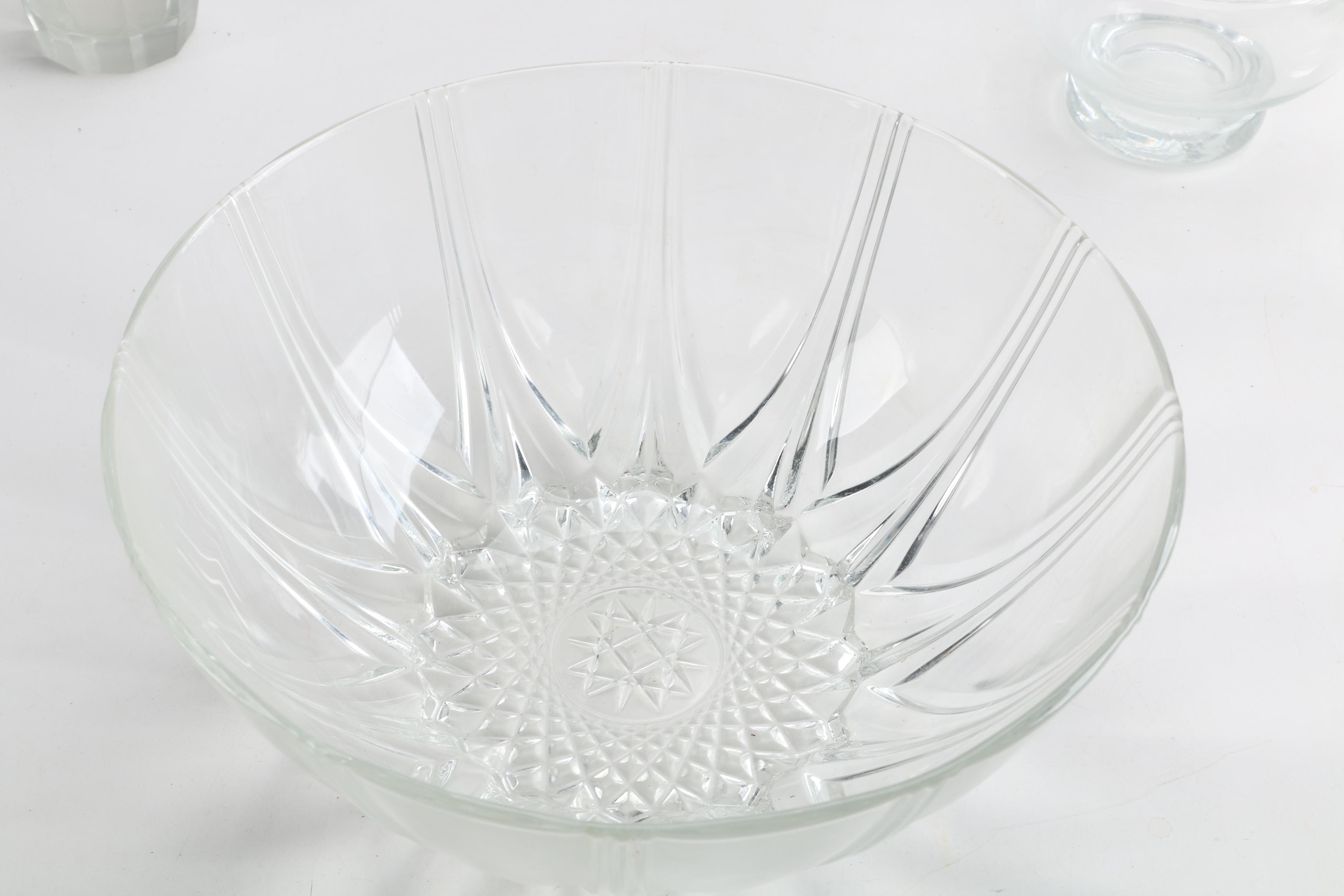 Pink Depression Glass Platter and Other Glass Serveware