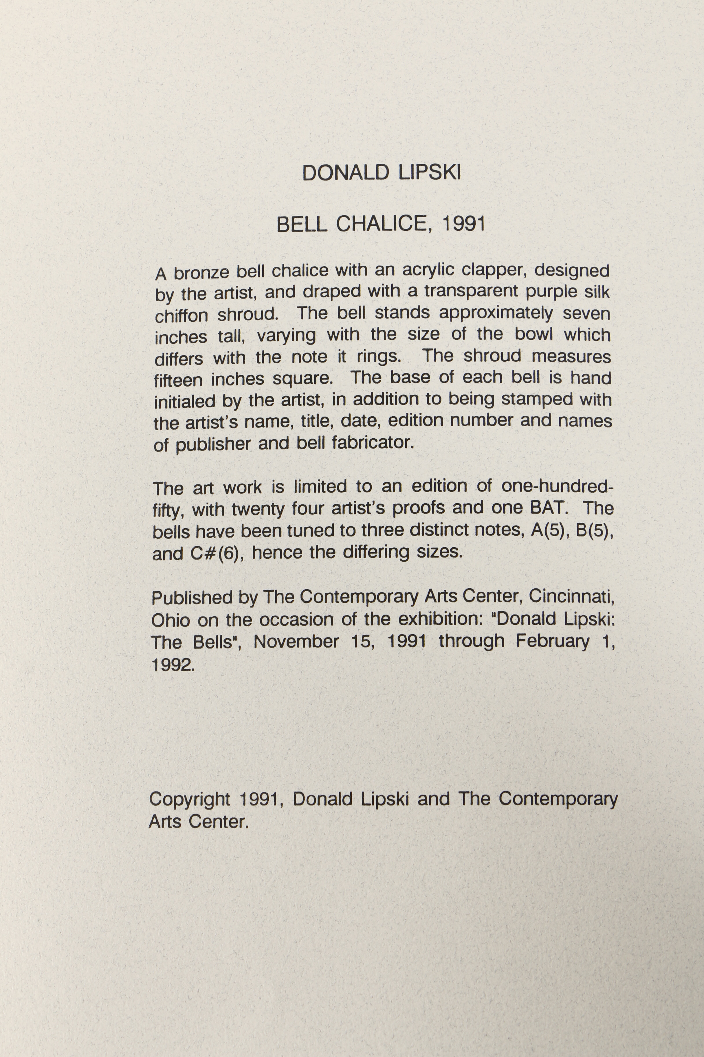 Donald Lipski Bronze Sculpture "Bell Chalice" and Book