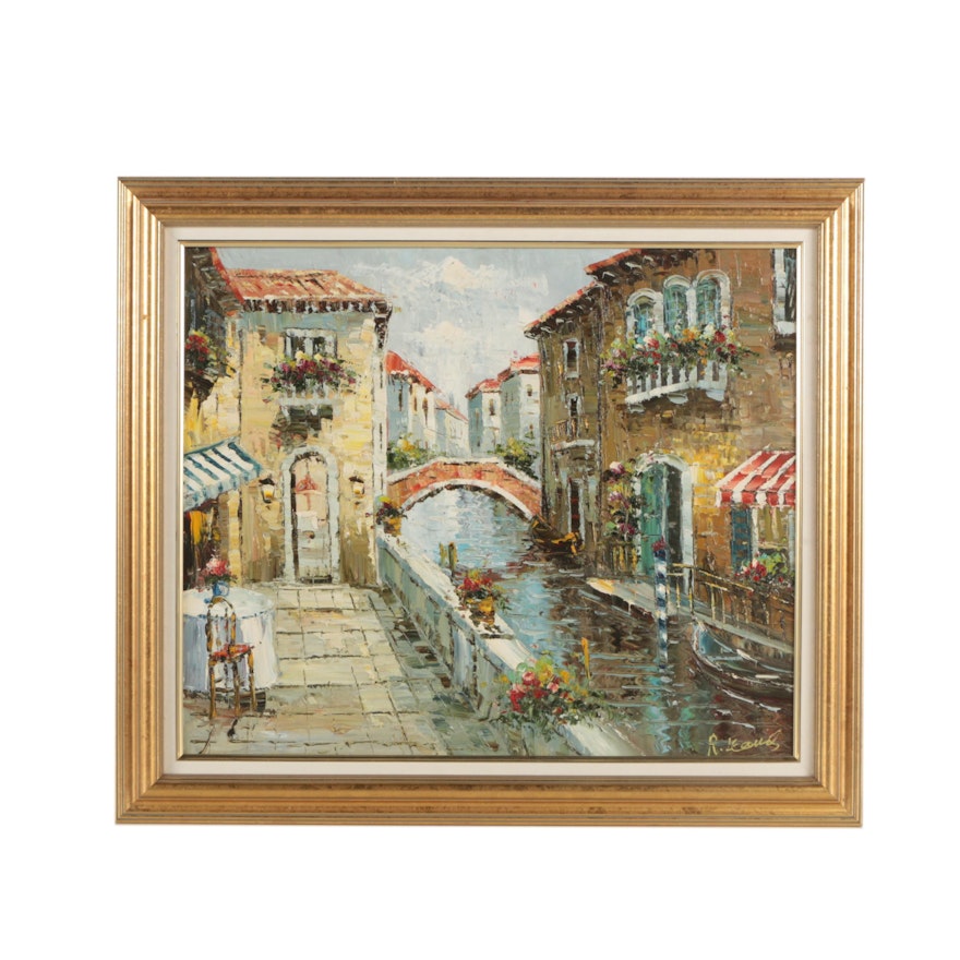 Late 20th-Century Oil Painting of Venetian Canal Scene