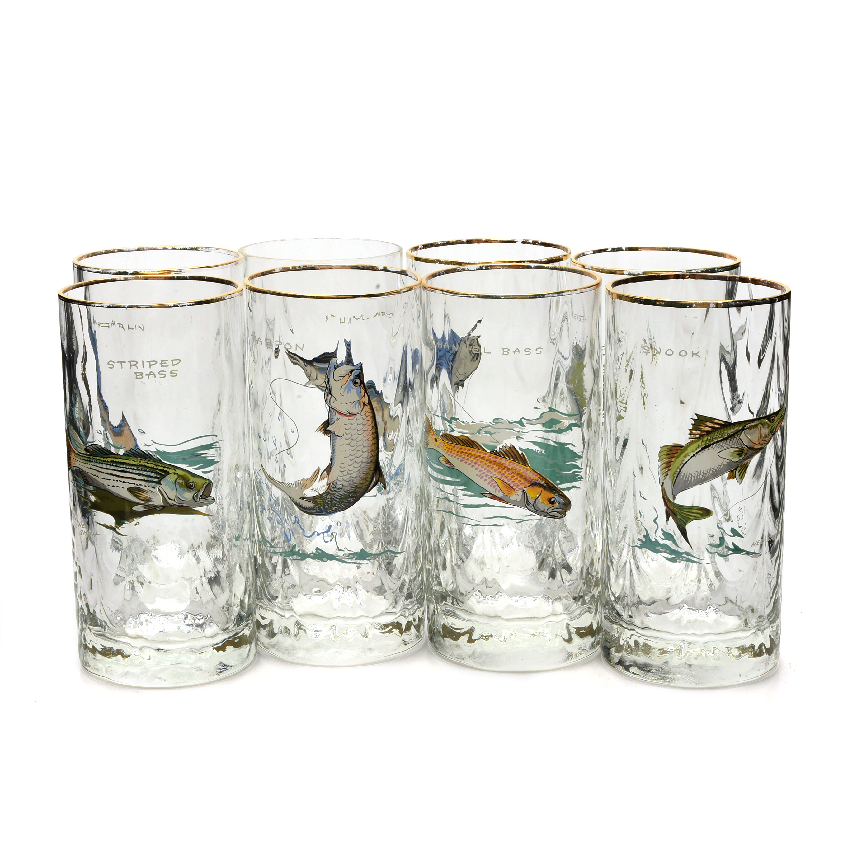 Vintage Ned Smith Big Game Fish High Ball Glasses