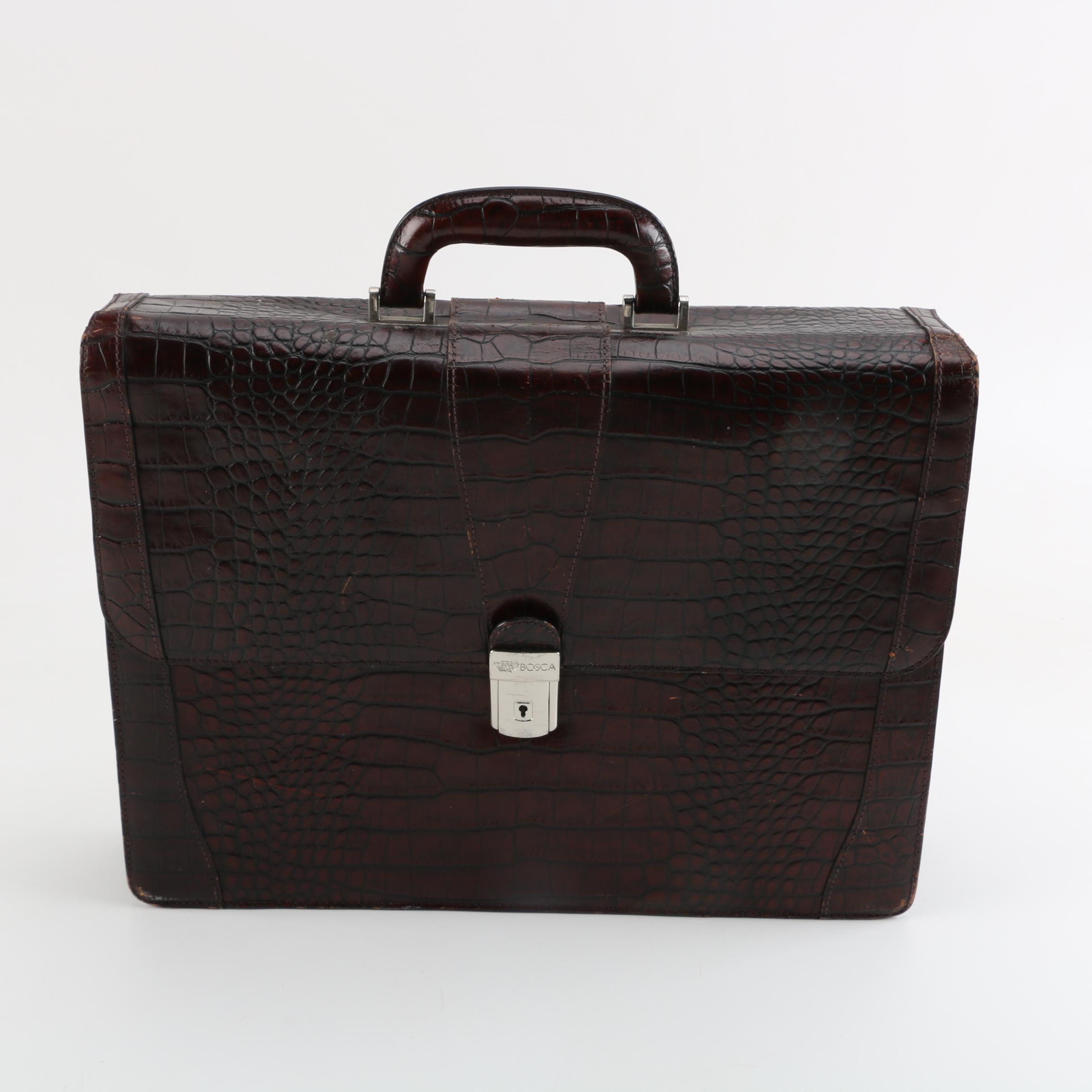 Bosca Dark Brown Crocodile Embossed Leather Briefcase