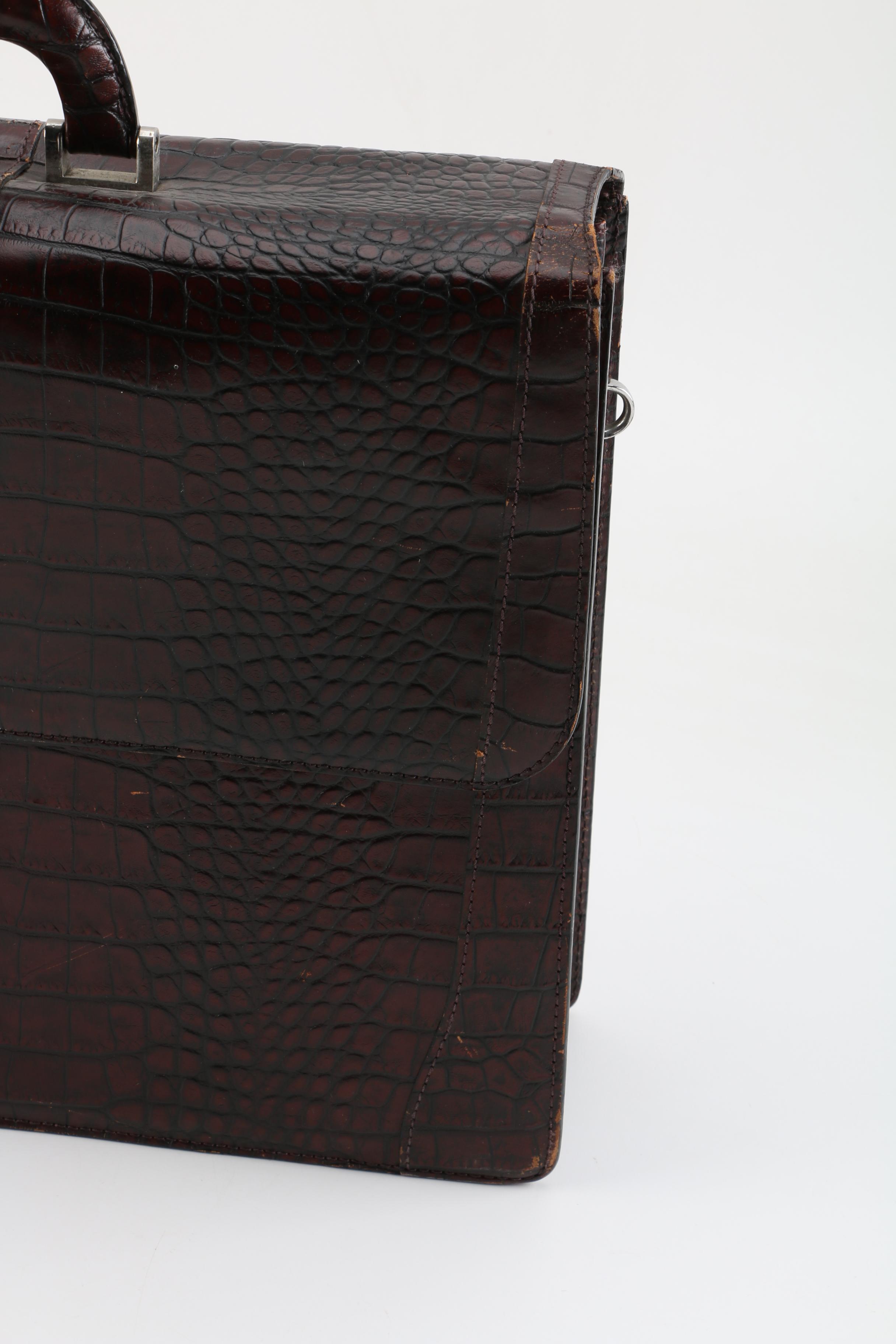 Bosca Dark Brown Crocodile Embossed Leather Briefcase
