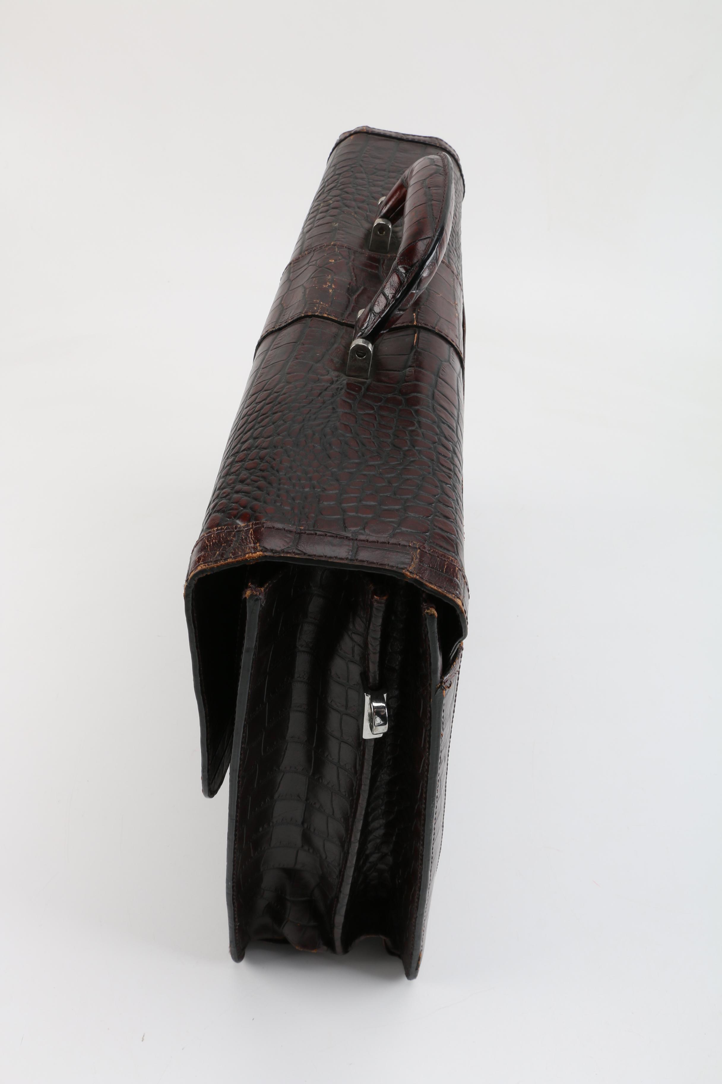 Bosca Dark Brown Crocodile Embossed Leather Briefcase
