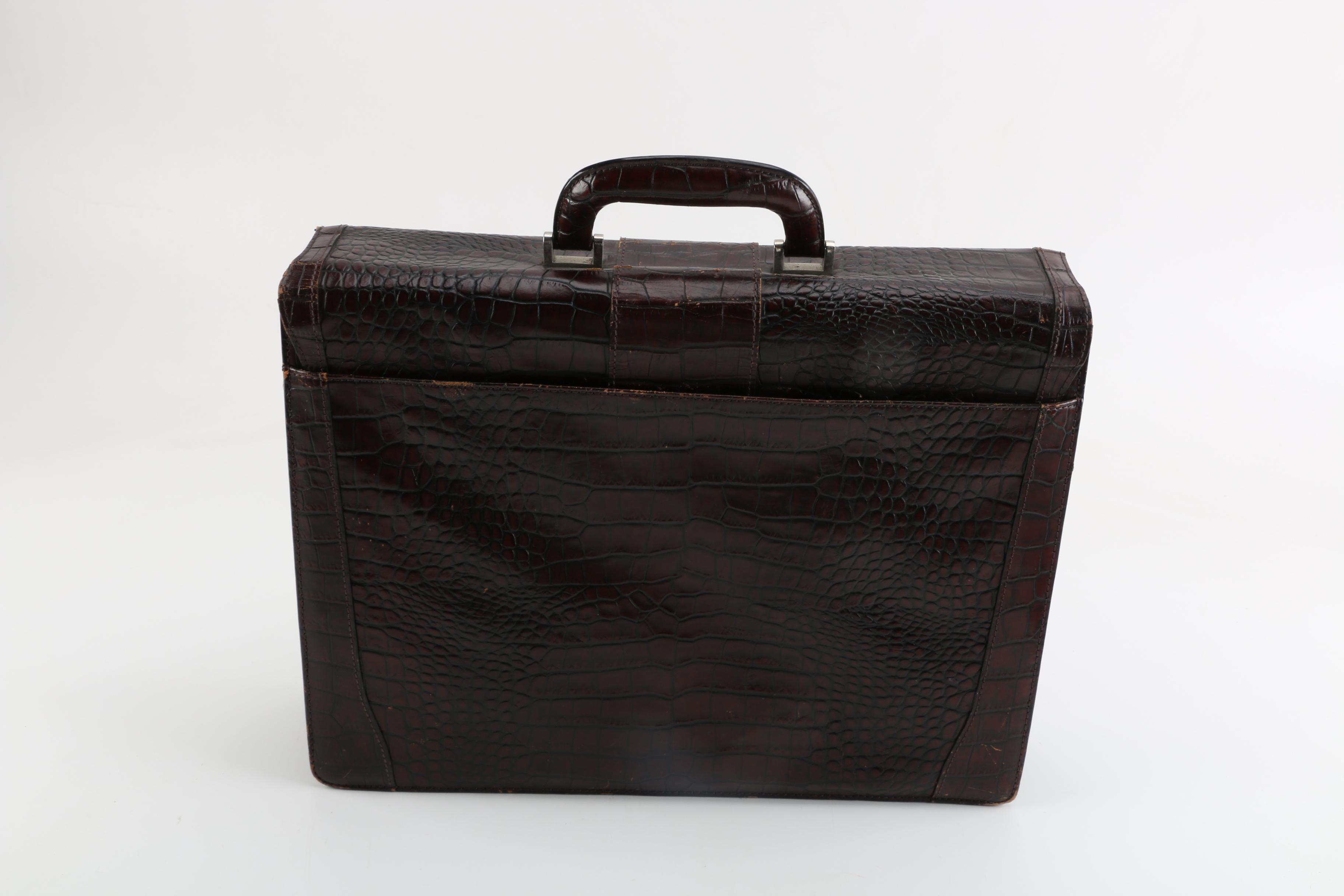 Bosca Dark Brown Crocodile Embossed Leather Briefcase