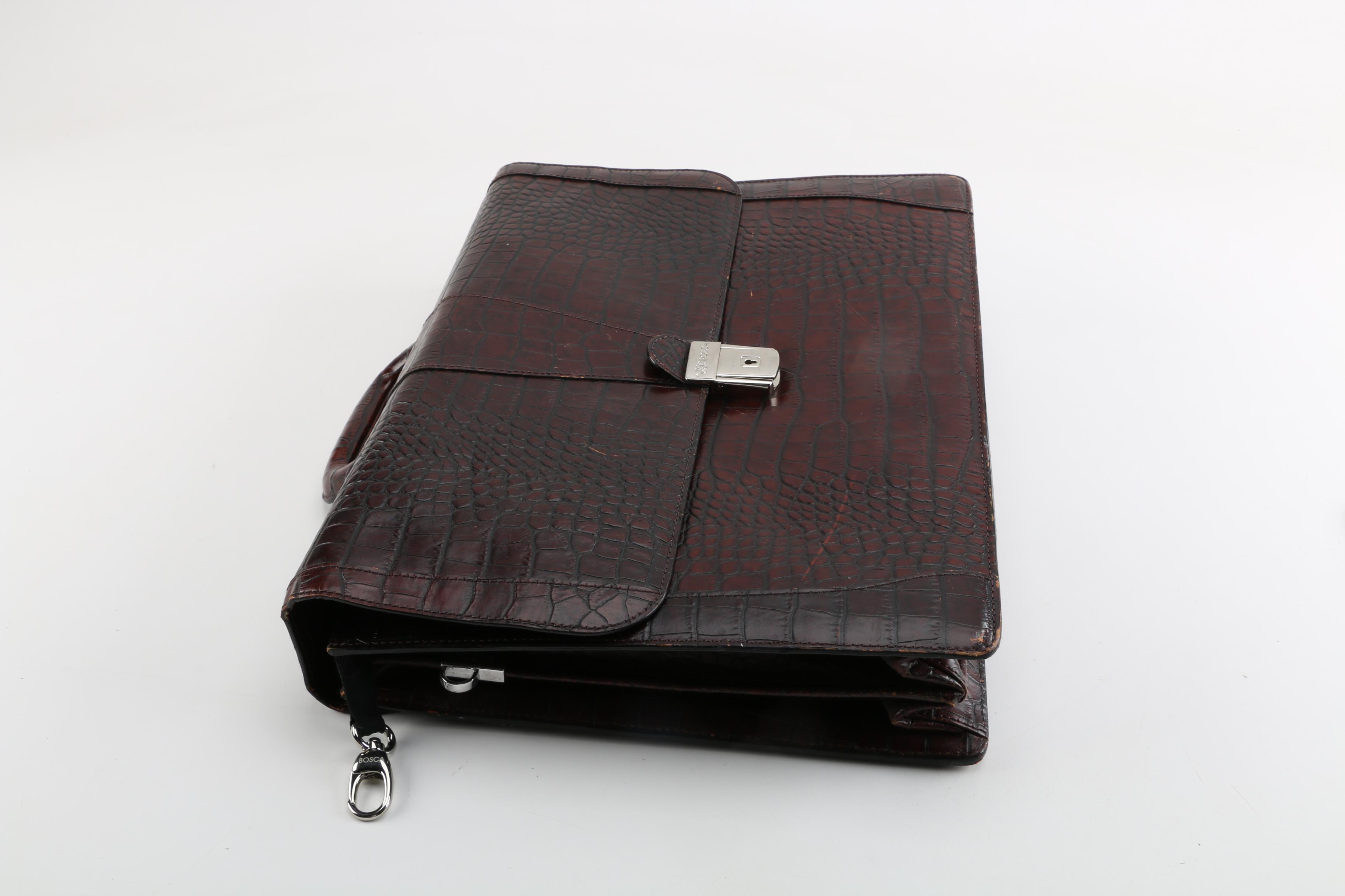 Bosca Dark Brown Crocodile Embossed Leather Briefcase